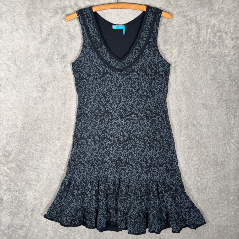 Fresh Produce Womens Small Blue Black Floral Lace Print Cotton Ruffle Hem Dress